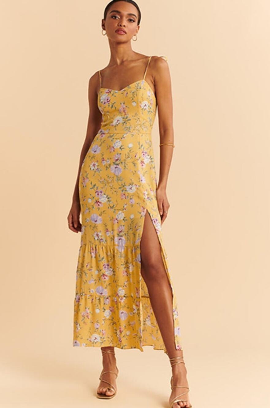 Abercrombie & Fitch Butter Yellow Floral Tiered Maxi Dress Tie Strap Romantic